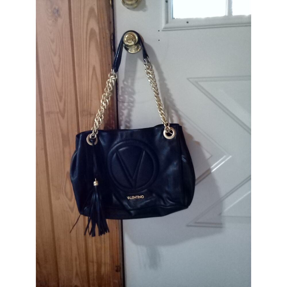 AUTHENTIC VALENTINO By Mario Valentino Black Leather Quilted Logo Handbag